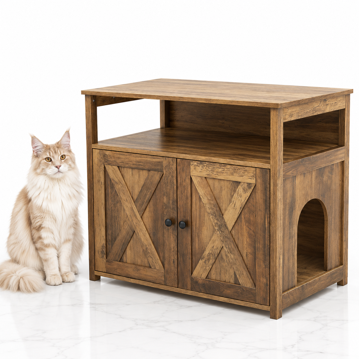 Cat Litter Cabinet with Double Barn Doors and Storage Shelf, Oak — maine coon cream