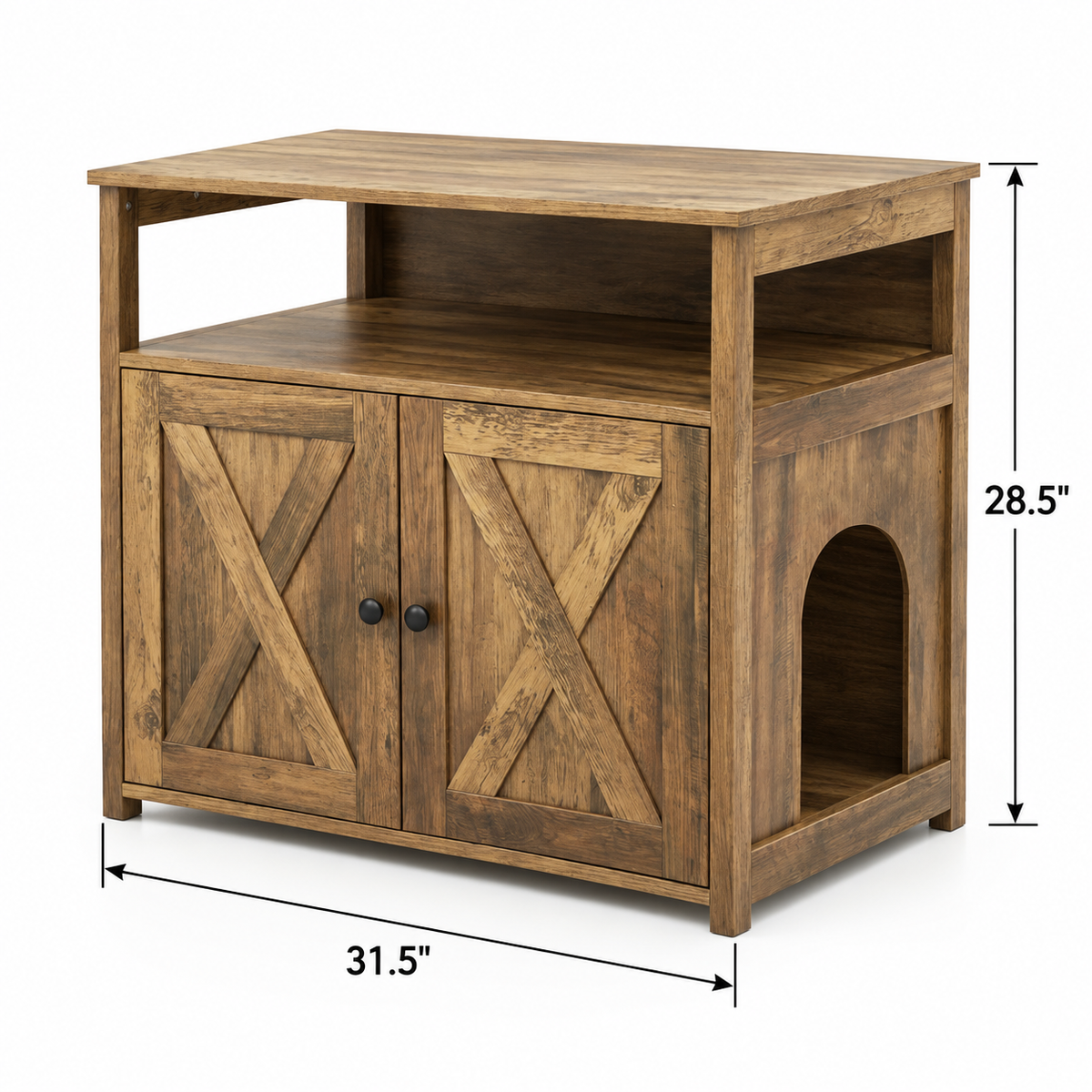 Cat Litter Cabinet with Double Barn Doors and Storage Shelf, Oak — dimensions inches