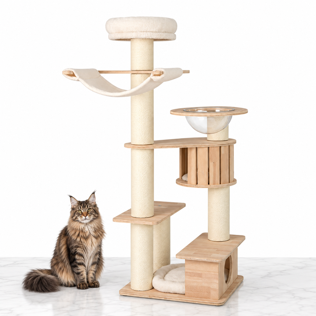 69-inch Wooden Cat Tree with Hammock and Clear Capsule — maine coon brown