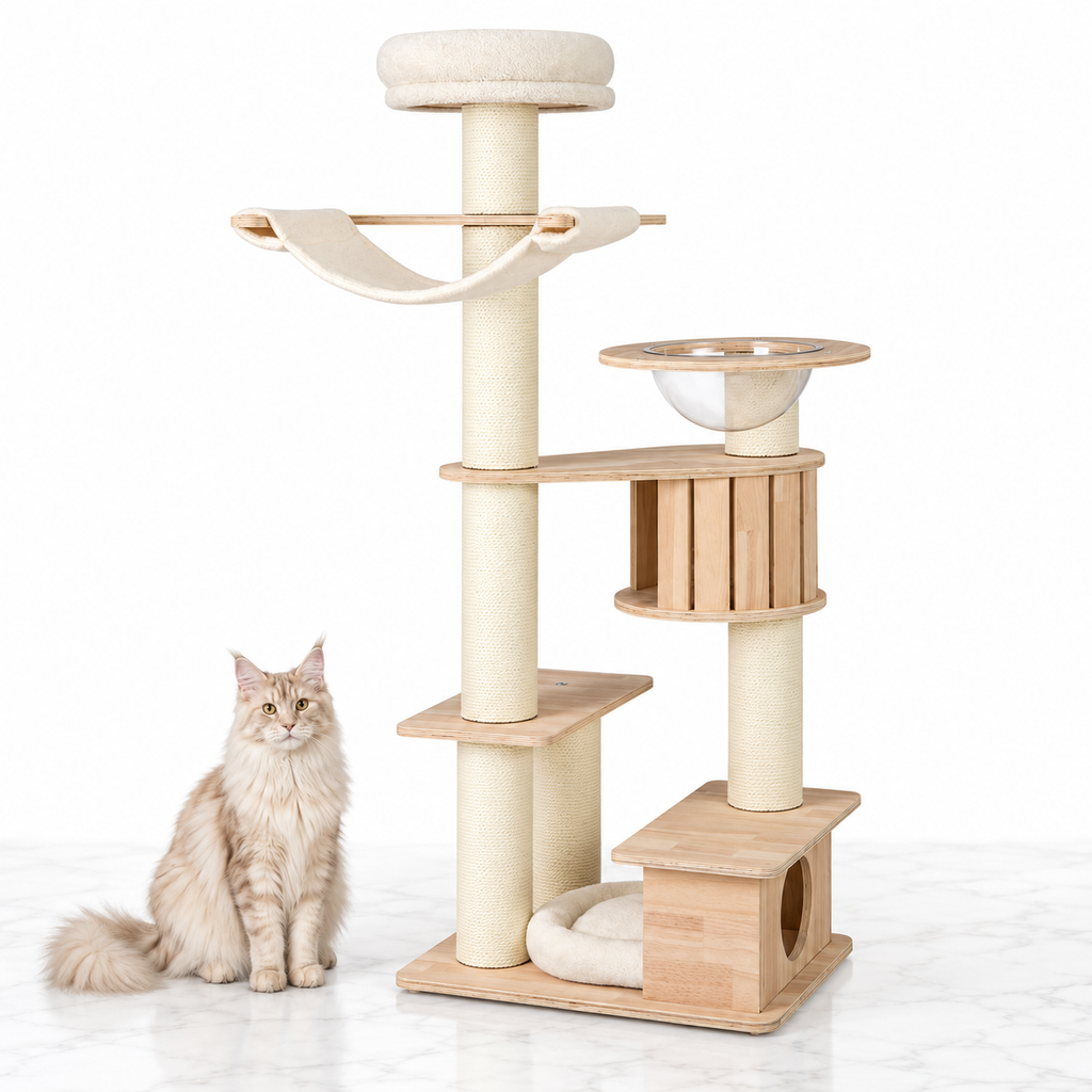 69-inch Wooden Cat Tree with Hammock and Clear Capsule — maine coon cream