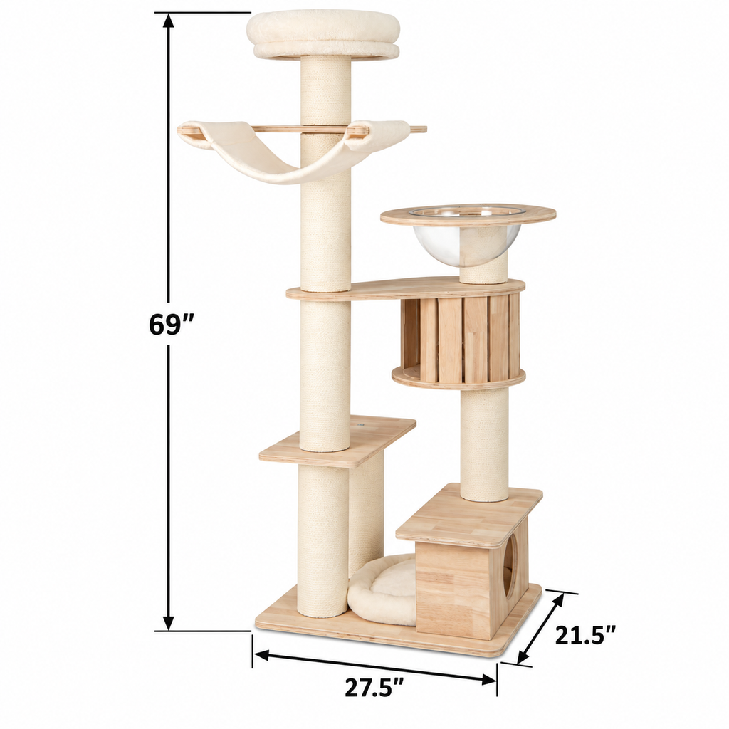 69-inch Wooden Cat Tree with Hammock and Clear Capsule — dimensions inches
