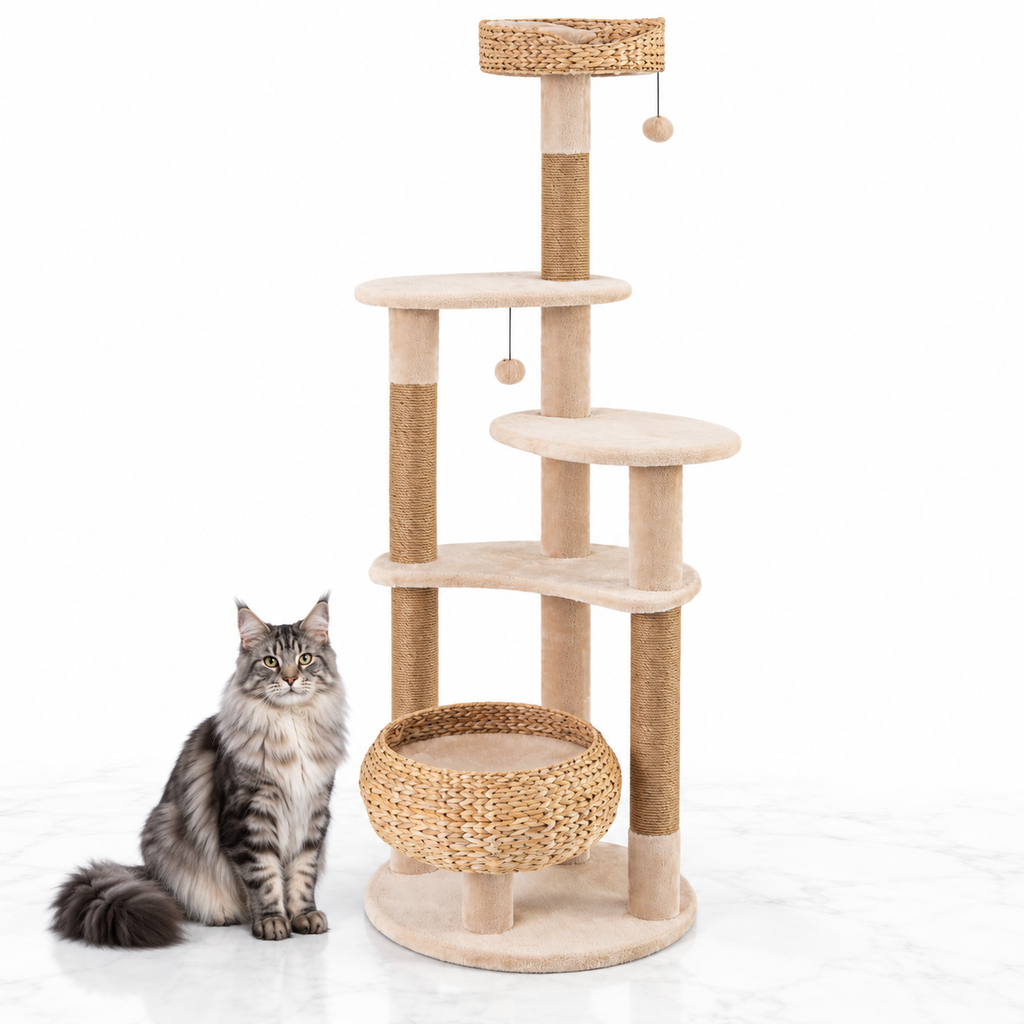 65-inch Multi-Level Cat Tree with Woven Baskets, Beige — maine coon silver
