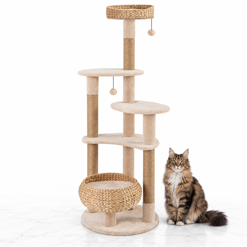 65-inch Multi-Level Cat Tree with Woven Baskets, Beige — maine coon brown