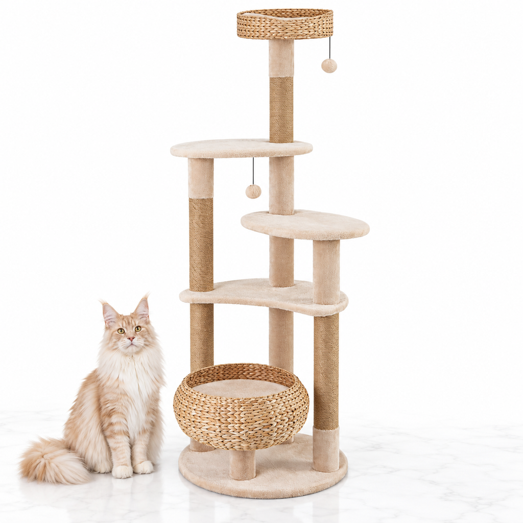 65-inch Multi-Level Cat Tree with Woven Baskets, Beige — maine coon cream