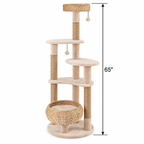 65-inch Multi-Level Cat Tree with Woven Baskets, Beige — dimensions inches