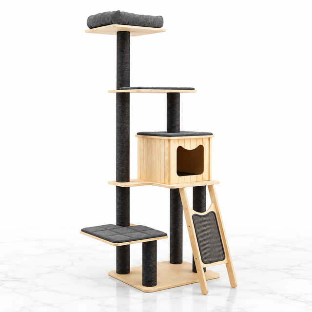 5-Tier Modern Wood Cat Tower, Gray — hero marble