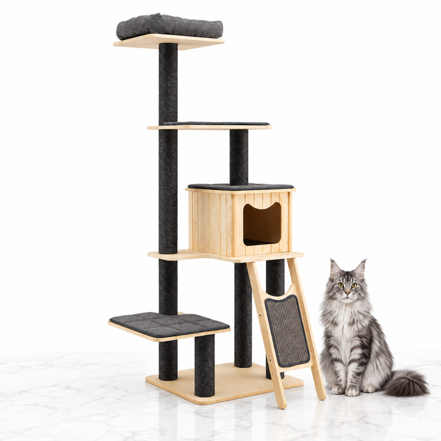 5-Tier Modern Wood Cat Tower, Gray — maine coon silver
