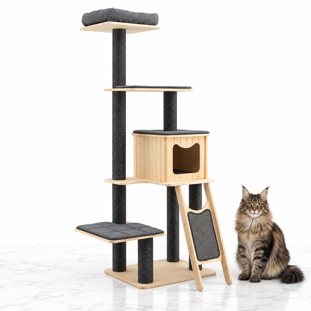 5-Tier Modern Wood Cat Tower, Gray — maine coon brown