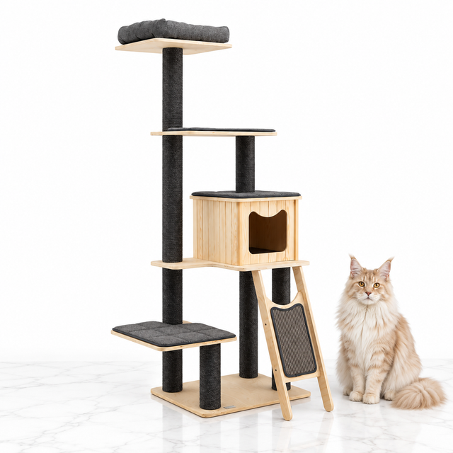 5-Tier Modern Wood Cat Tower, Gray — maine coon cream