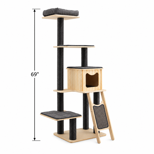 5-Tier Modern Wood Cat Tower, Gray — dimensions inches