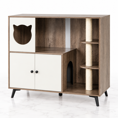 Cat Litter Box Enclosure with Three Sisal Posts, Natural — hero marble