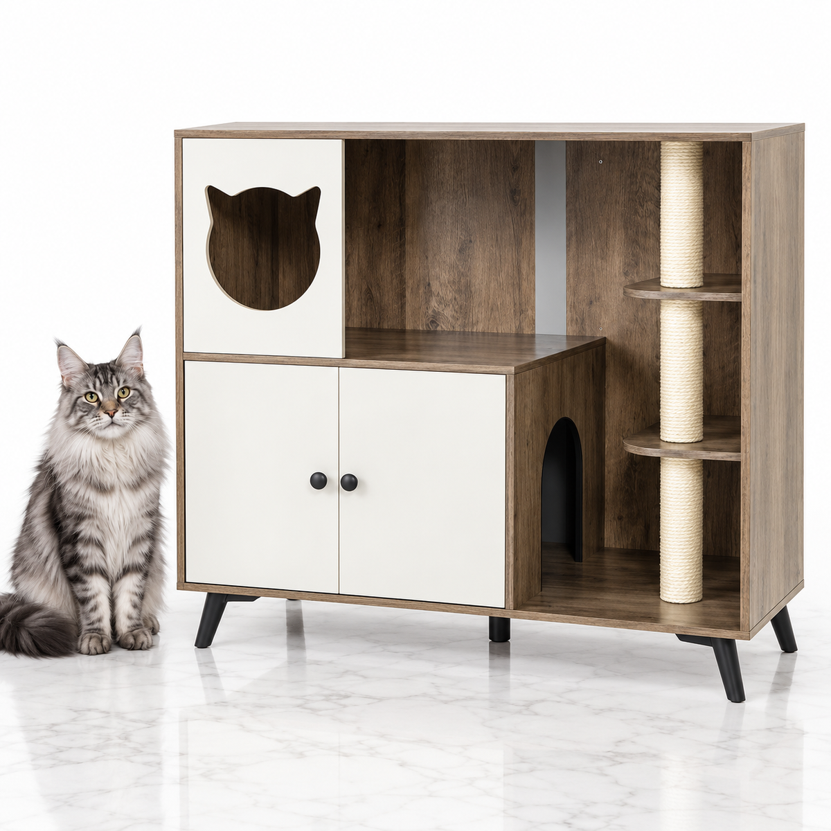 Cat Litter Box Enclosure with Three Sisal Posts, Natural — maine coon silver