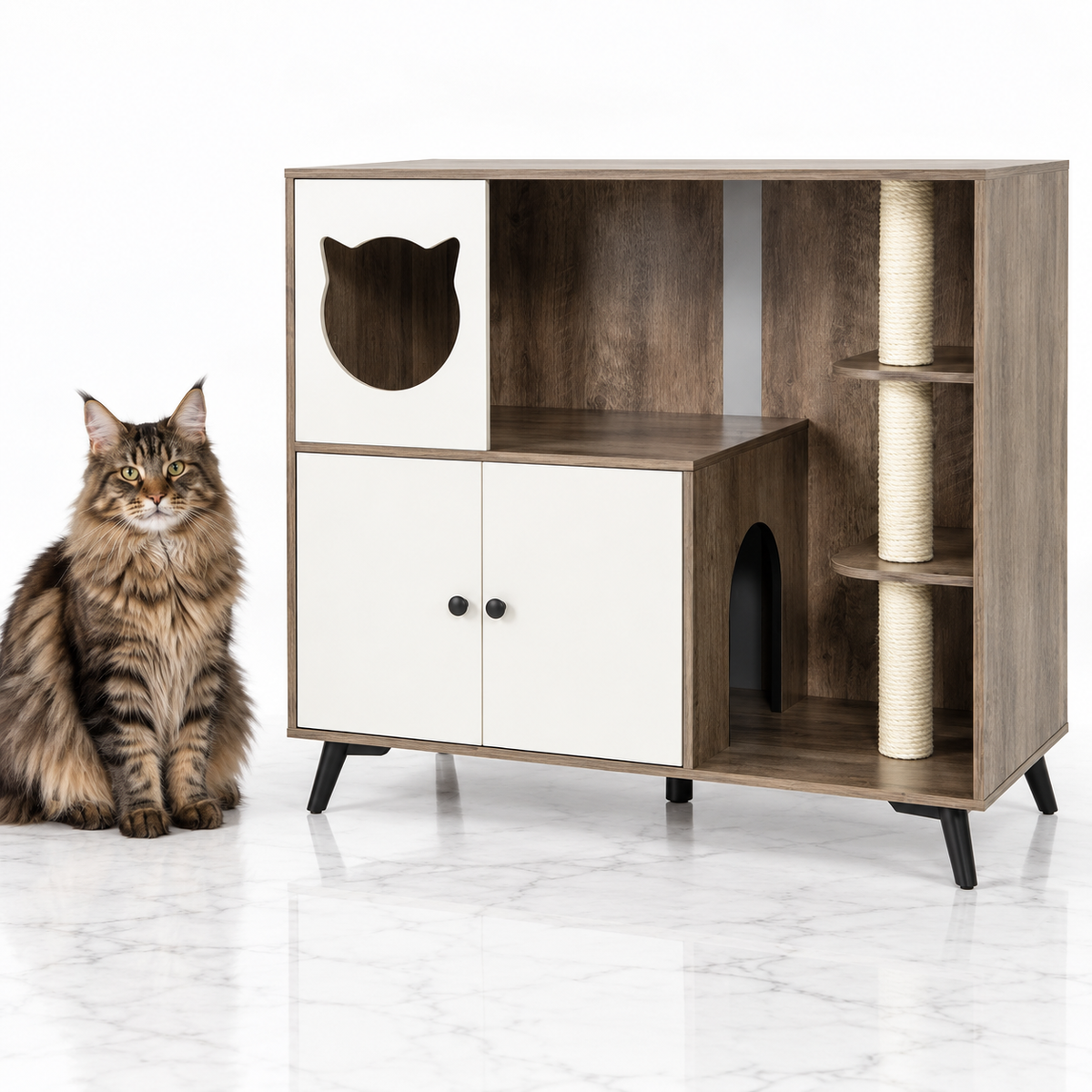 Cat Litter Box Enclosure with Three Sisal Posts, Natural — maine coon brown