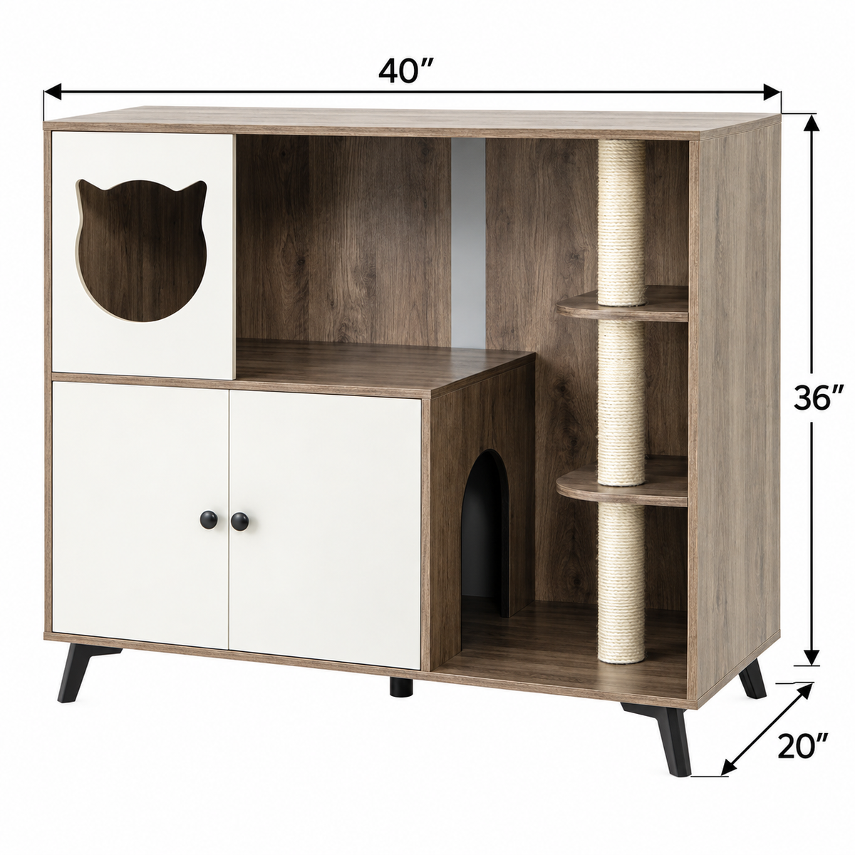 Cat Litter Box Enclosure with Three Sisal Posts, Natural — dimensions inches
