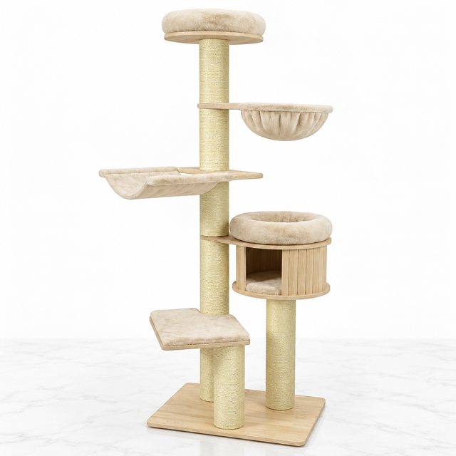 75.5-inch Wooden Cat Tower with Hammocks, Natural — hero marble