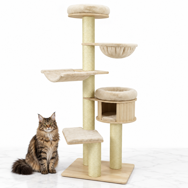 75.5-inch Wooden Cat Tower with Hammocks, Natural — maine coon brown