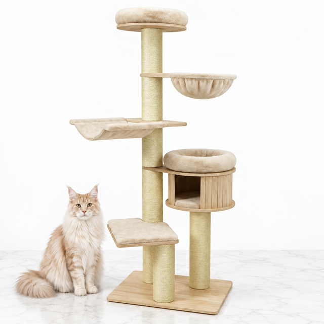 75.5-inch Wooden Cat Tower with Hammocks, Natural — maine coon cream