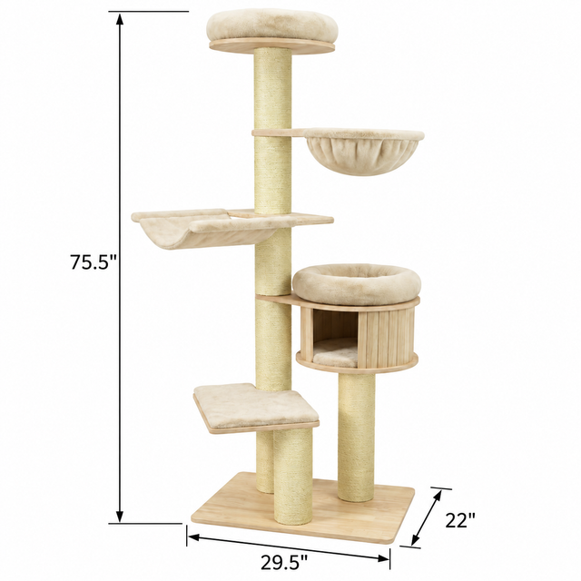 75.5-inch Wooden Cat Tower with Hammocks, Natural — dimensions inches