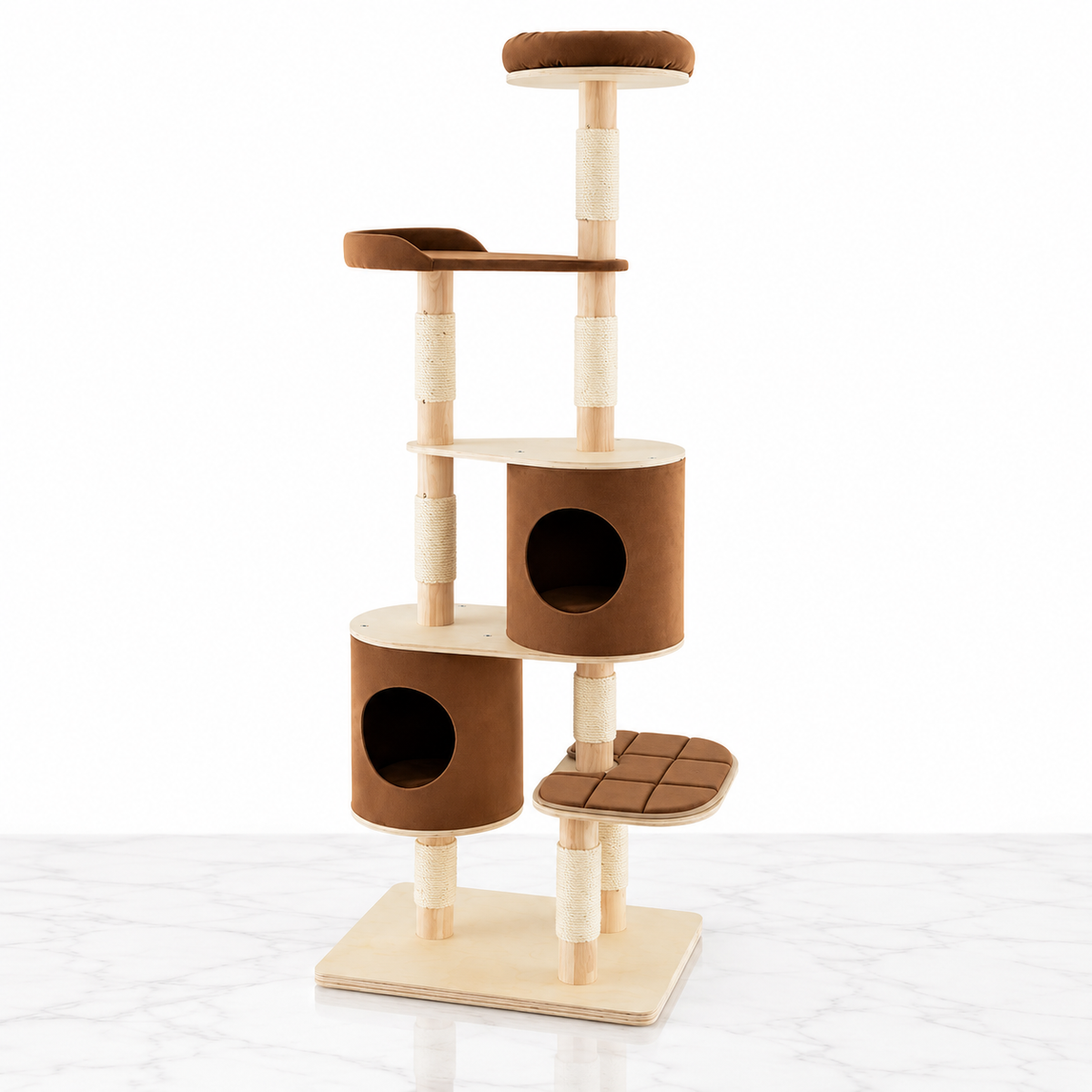 Six-Tier Wooden Cat Tree with Two Condos, Brown — hero marble