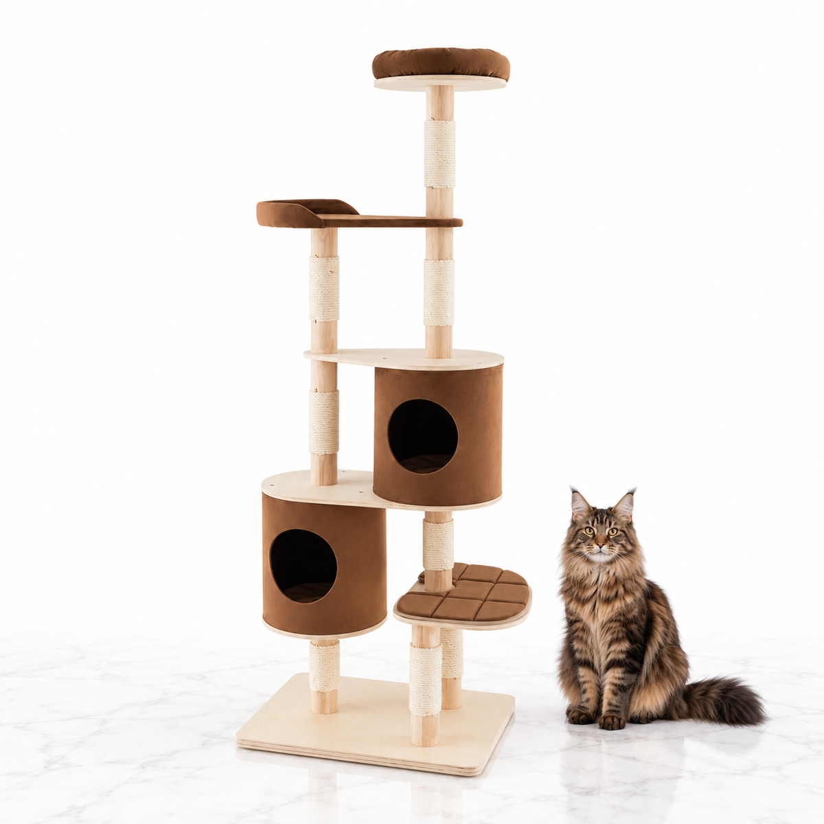 Six-Tier Wooden Cat Tree with Two Condos, Brown — maine coon brown