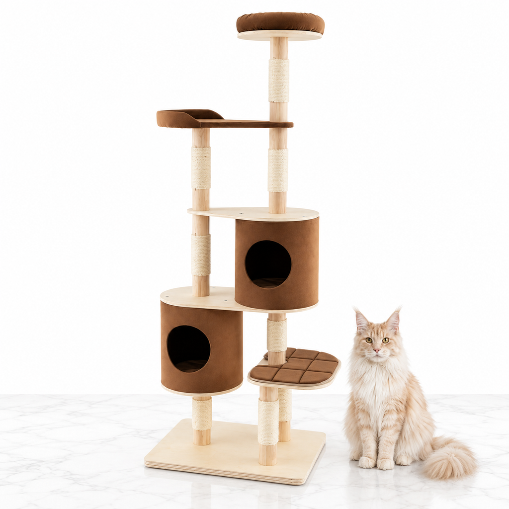 Six-Tier Wooden Cat Tree with Two Condos, Brown — maine coon cream