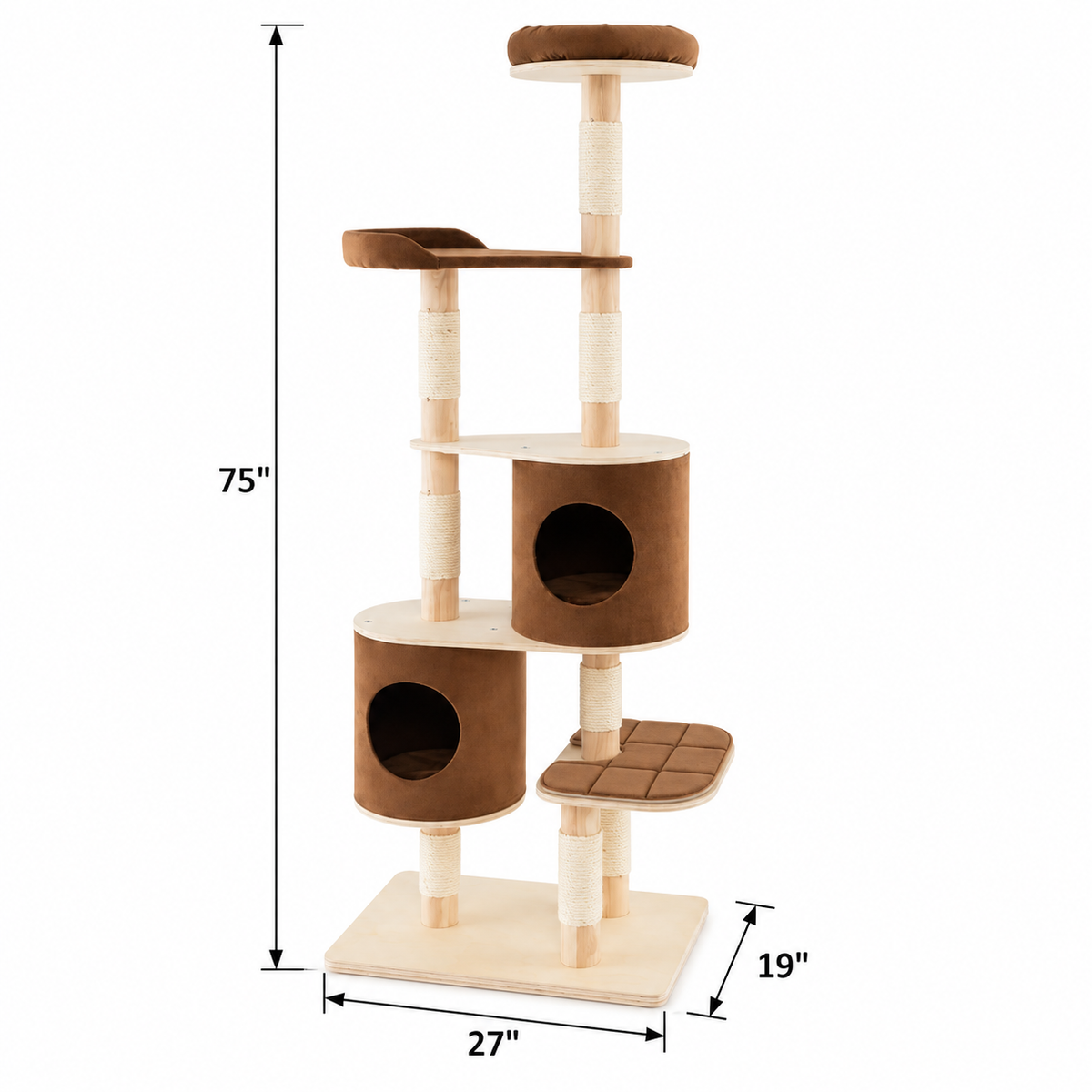 Six-Tier Wooden Cat Tree with Two Condos, Brown — dimensions inches
