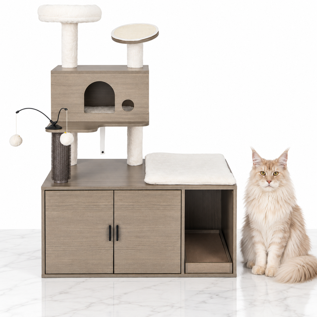 2-in-1 Modern Cat Tower and Litter Box Enclosure, Gray — maine coon cream