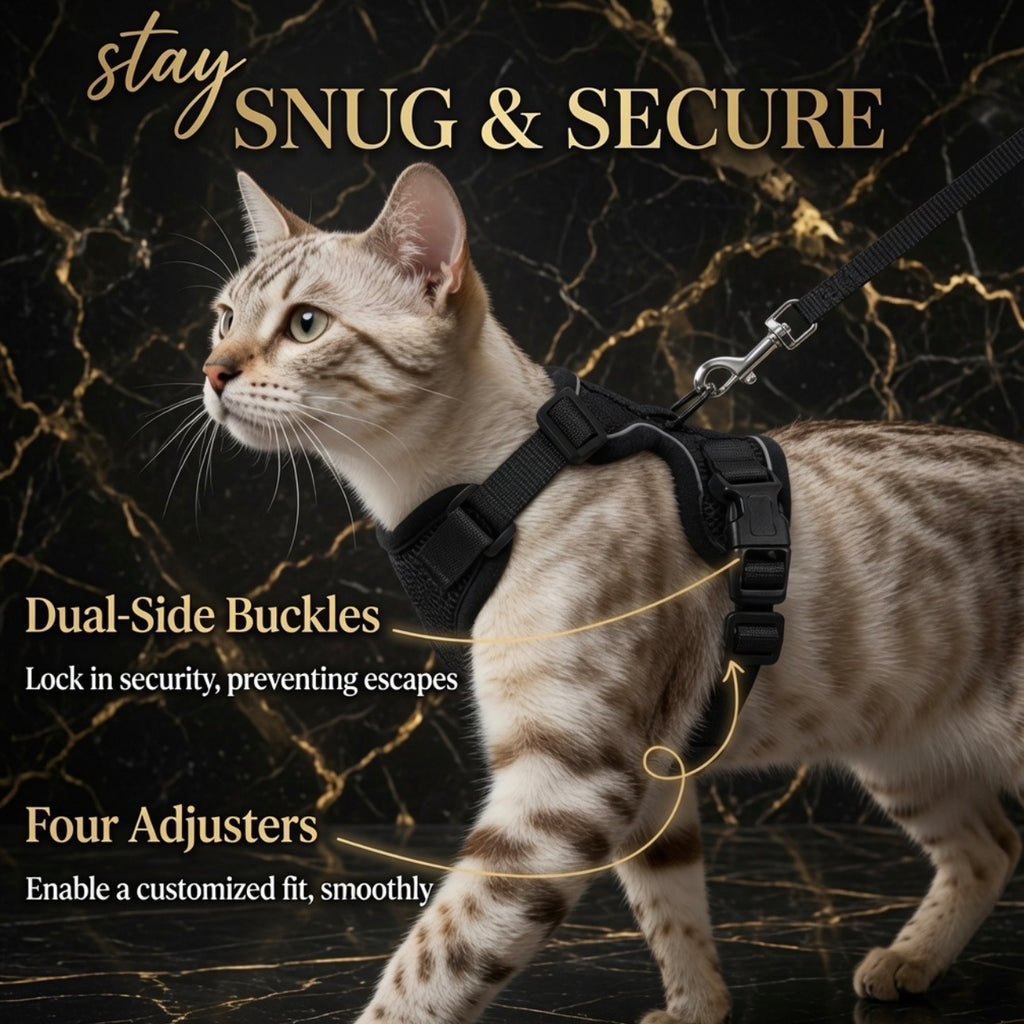 Escape-proof vest-style kitten harness showing four adjustment points
