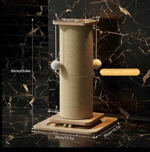 Scratch Central natural sisal cat scratching post with solid wooden base and play balls