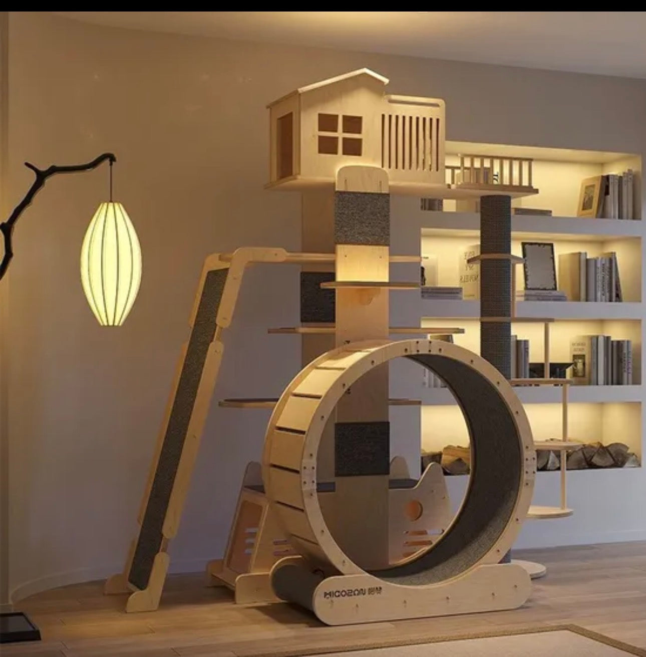 The Highland Retreat cat tower in a living room, sized for large breed cats