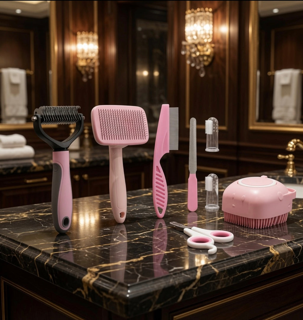 Cat grooming tools from The Cashmere Comb set including slicker brush and deshedding tool