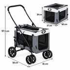 Folding pet stroller dimensions: 81 by 58 by 97.5 cm, carrier 60 by 37 by 39 cm