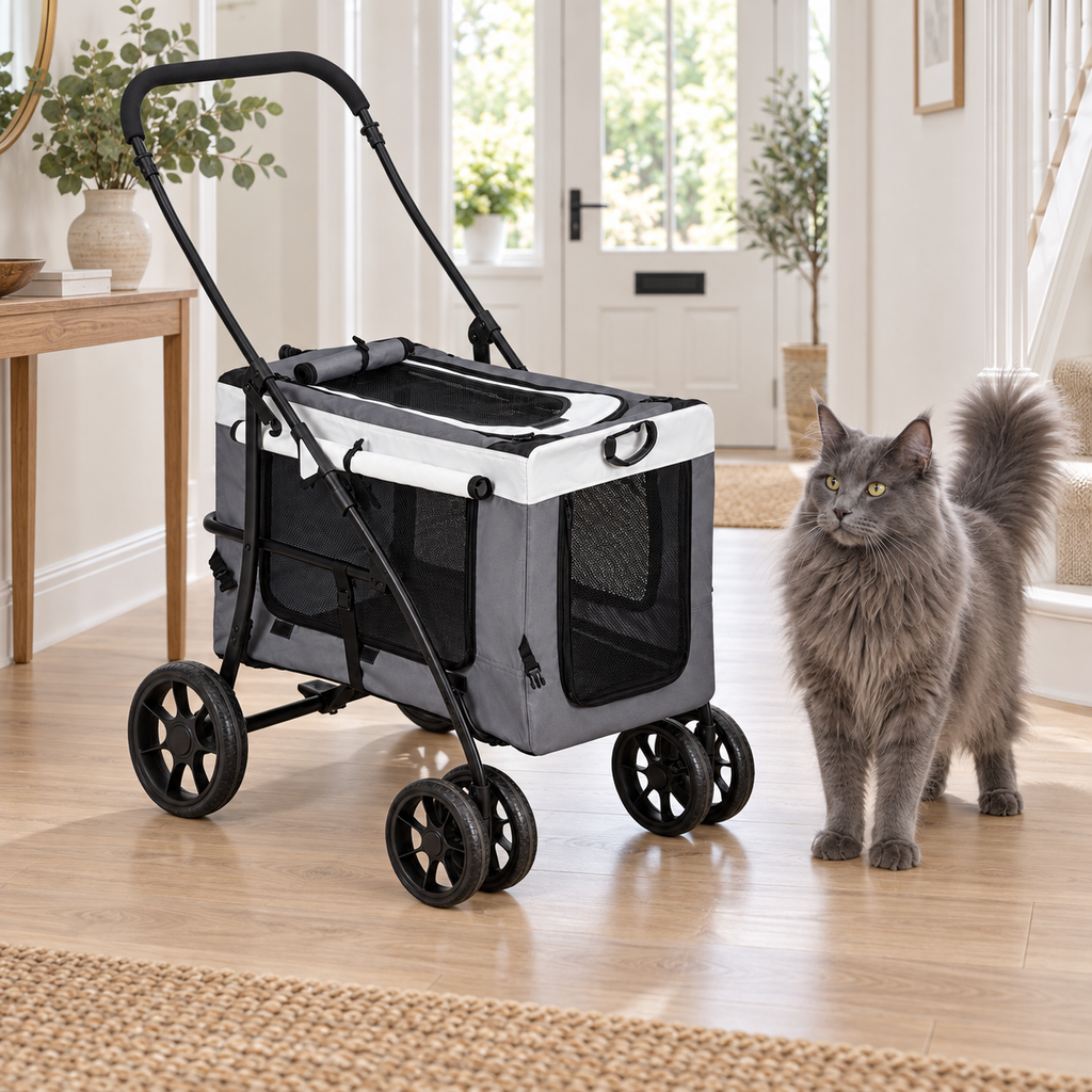 Grey folding pet stroller beside a full-sized blue Maine Coon in a hallway