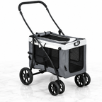 Grey folding pet stroller with detachable carrier on a white marble floor