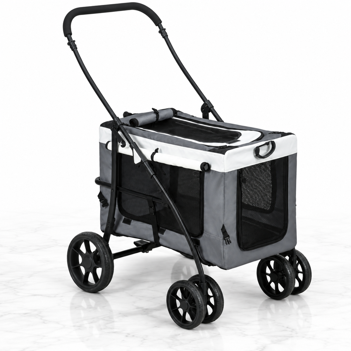 Grey folding pet stroller with detachable carrier on a white marble floor