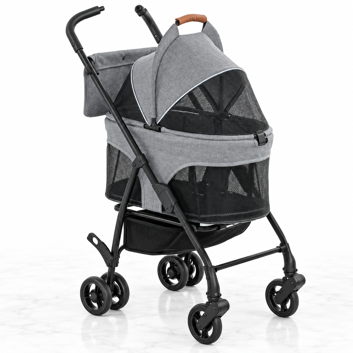Compact grey detachable-carrier pet stroller on light white marble background
