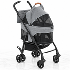 Compact grey detachable-carrier pet stroller on light white marble background