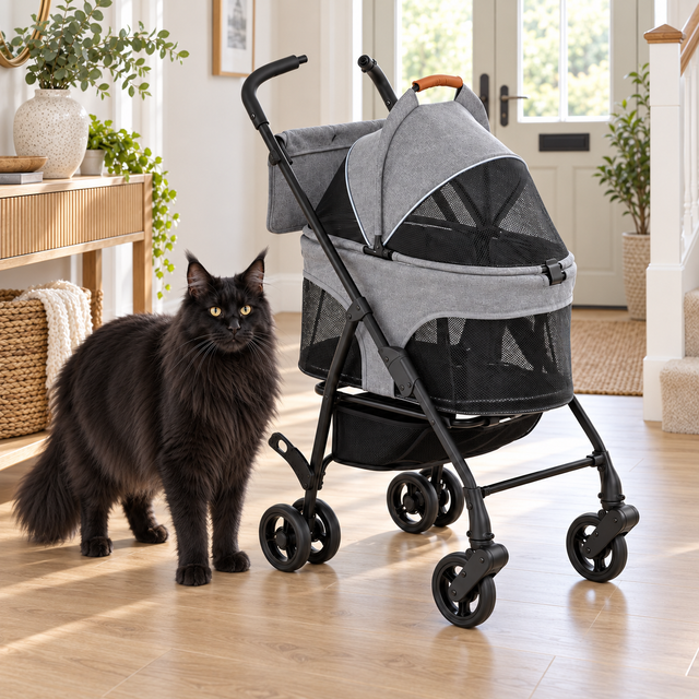 Compact grey pet stroller beside a full-sized solid black Maine Coon in a bright hallway