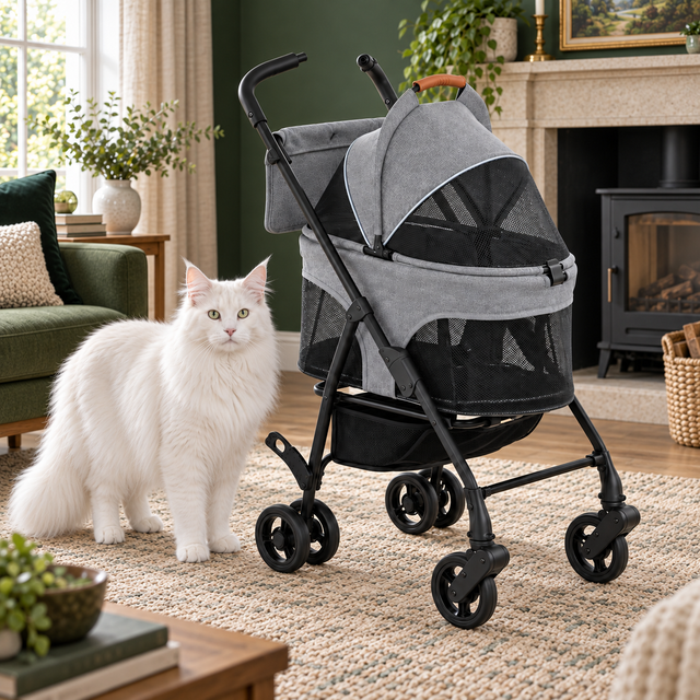 Compact grey pet stroller beside a full-sized solid white Siberian cat in a sitting room