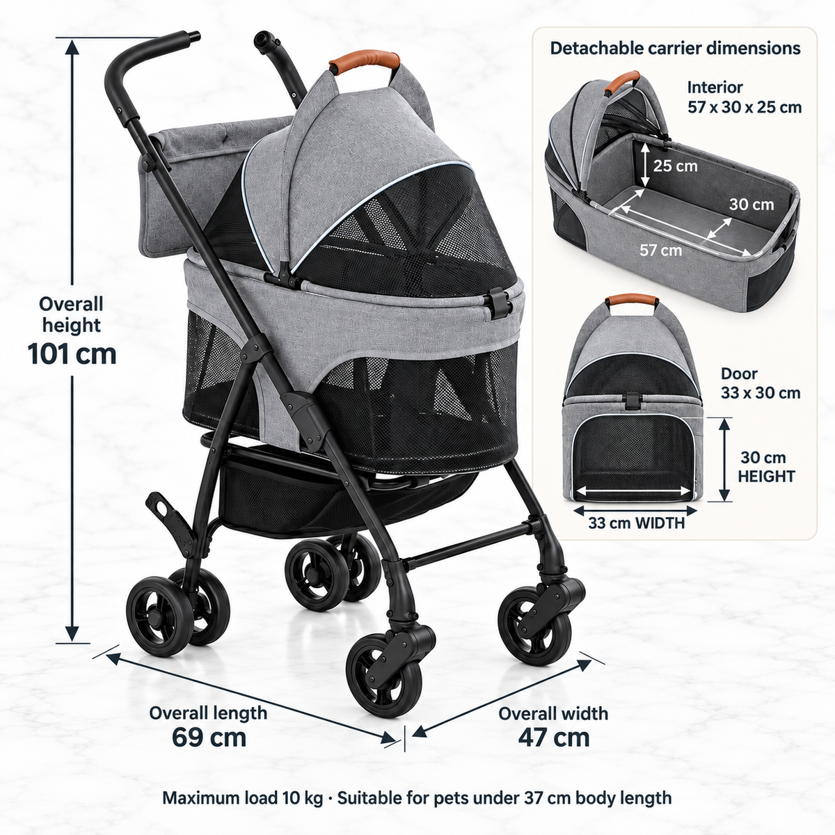 Compact detachable-carrier pet stroller dimensions: 69 x 47 x 101 cm with carrier and door measurements