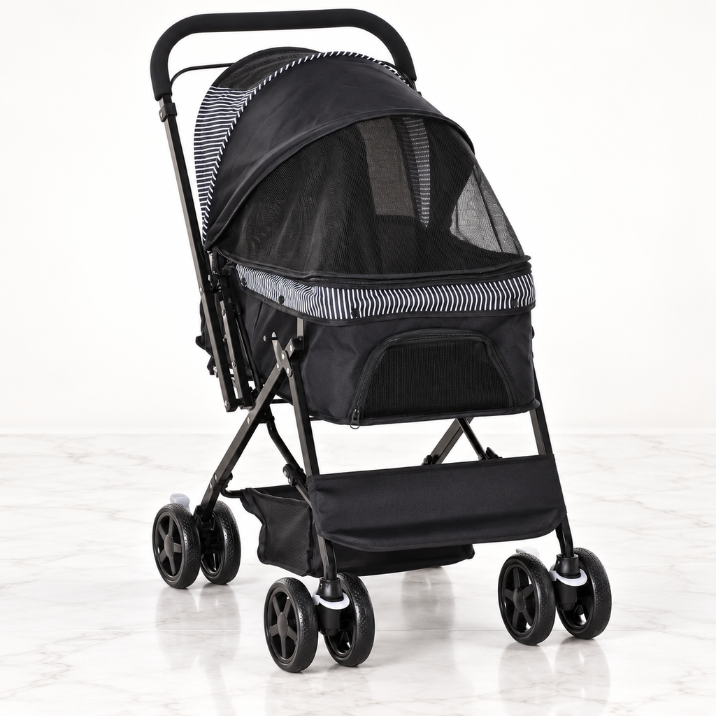 Black reversible-handle pet stroller on a light white marble background