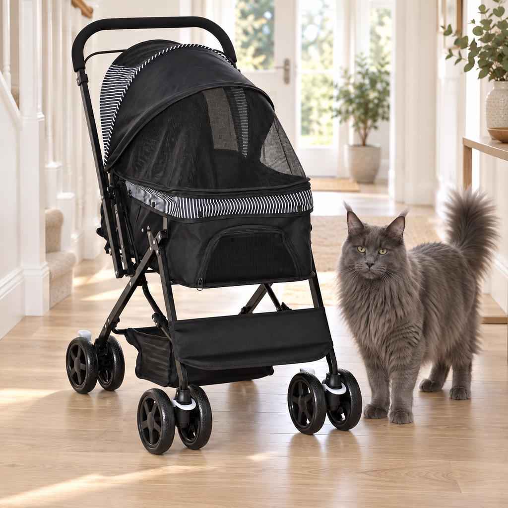 Black reversible-handle pet stroller beside a full-sized solid blue-grey Maine Coon in a hallway
