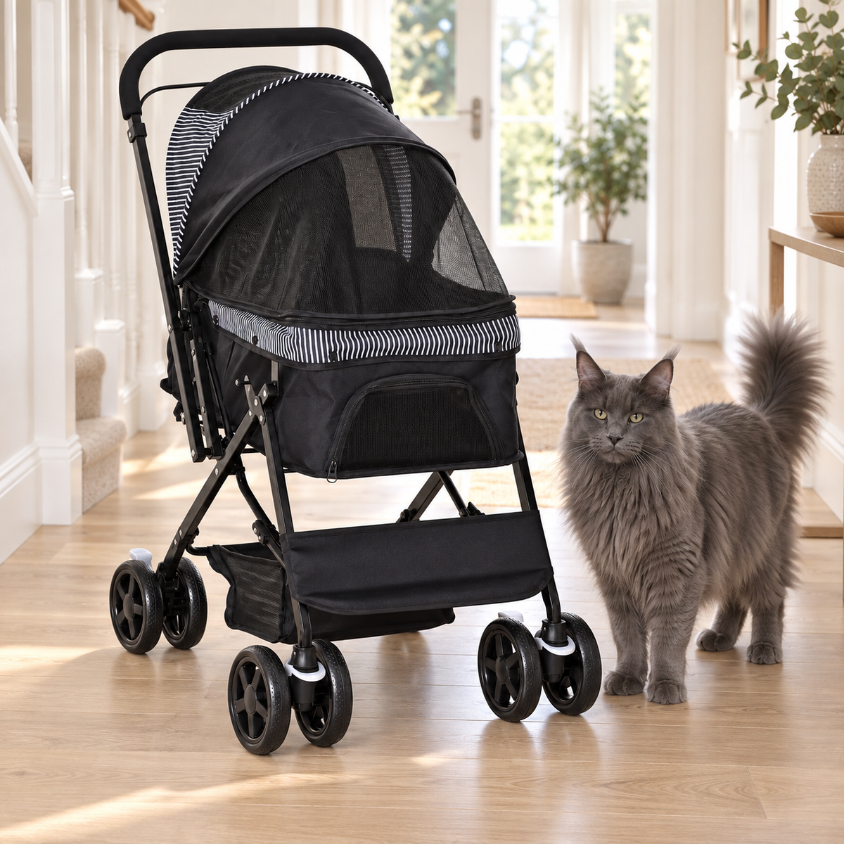 Black reversible-handle pet stroller beside a full-sized solid blue-grey Maine Coon in a hallway