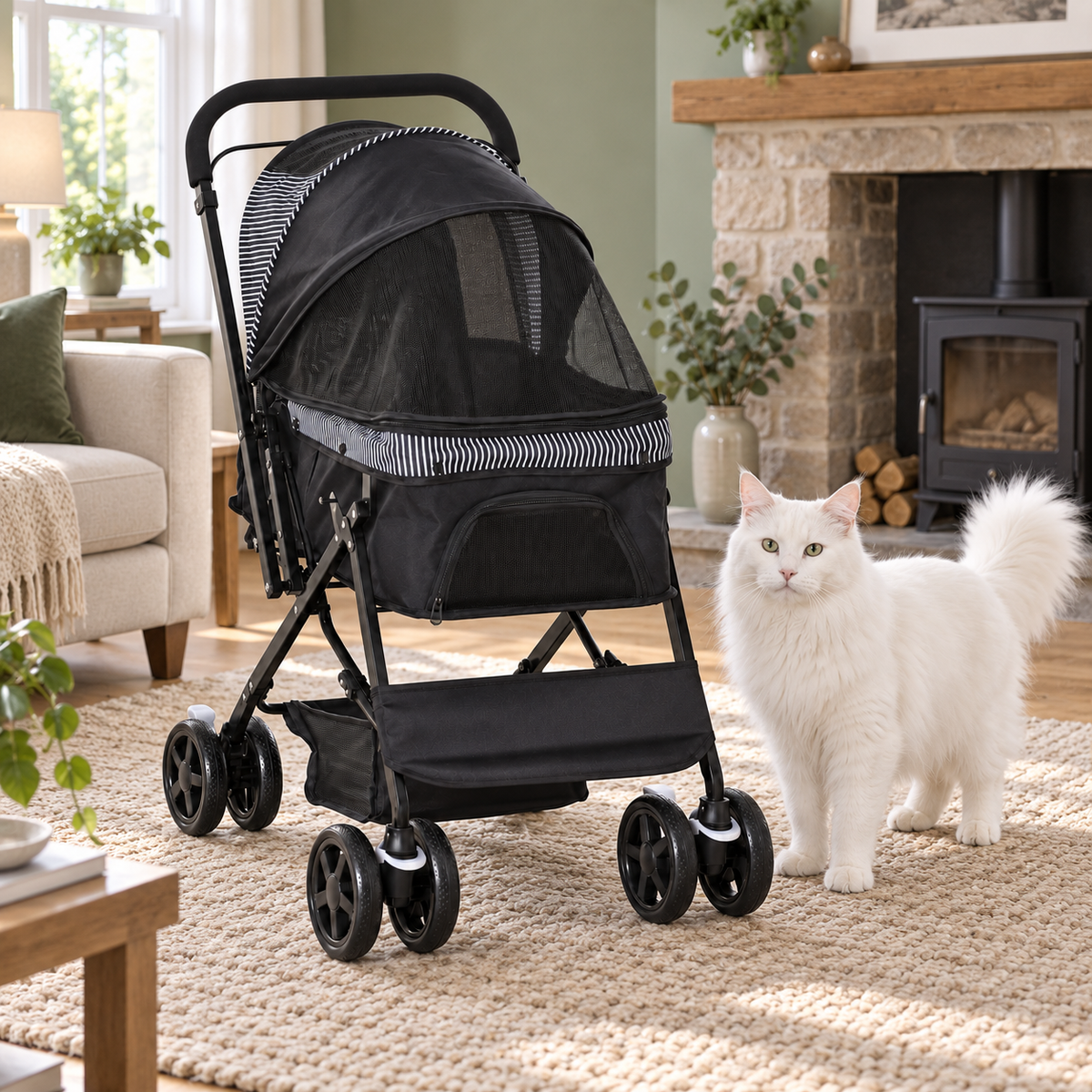 Black reversible-handle pet stroller beside a full-sized solid white Siberian cat in a sitting room