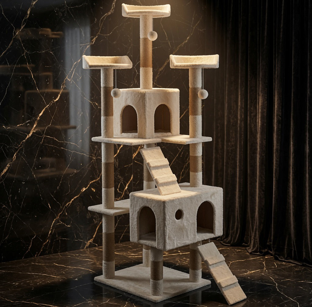 The Cream Estate cat tower showing entry ramp and plush fleece platforms