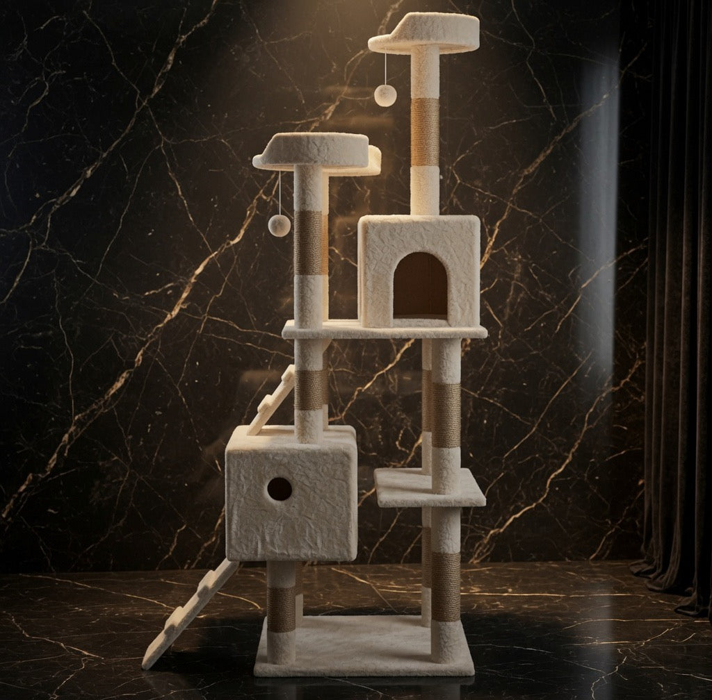 Natural sisal scratching posts and pompom toys on The Cream Estate cat tower