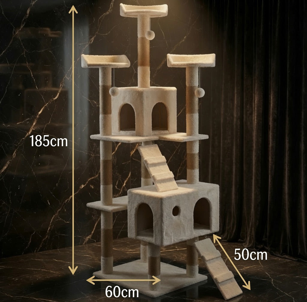 The Cream Estate cream cat tower styled in a home interior