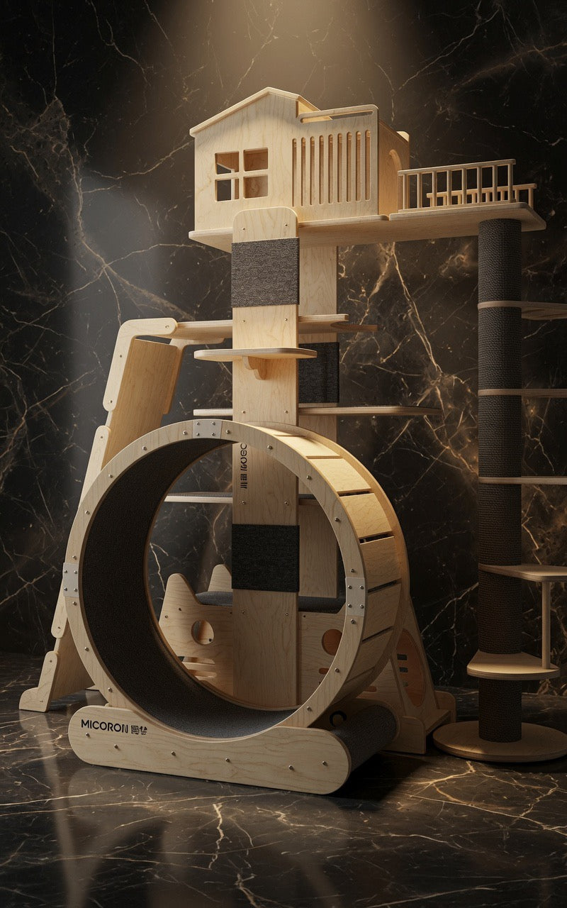 Side view of The Highland Retreat cat activity centre showing tiered platforms and scratching posts