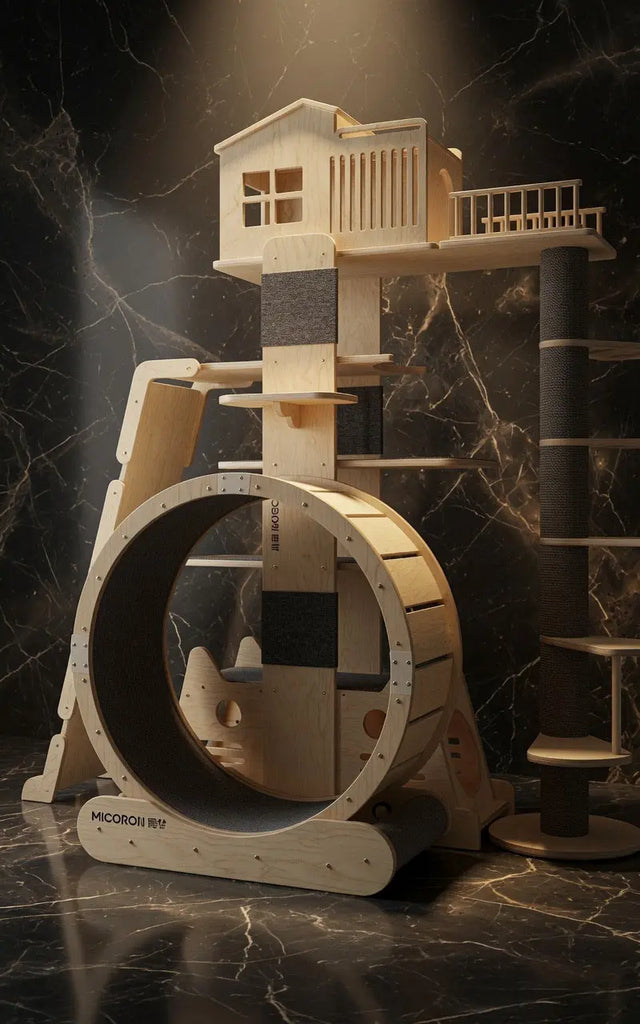 Side view of The Highland Retreat cat activity centre showing tiered platforms and scratching posts