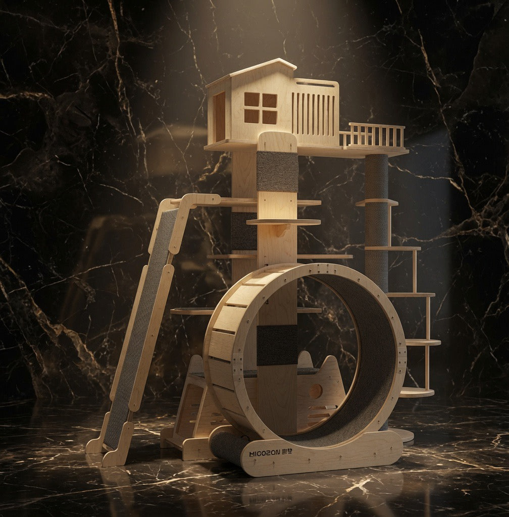 The Highland Retreat Maine Coon cat tower with treehouse penthouse, exercise wheel and sisal ramp